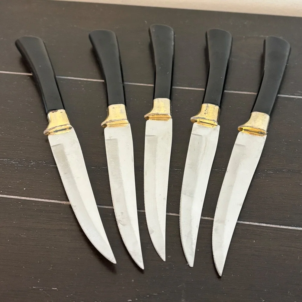 Vintage Armack Sheffield‎ England Steak Knife Set 5pc Black Gold Stainless Steel
